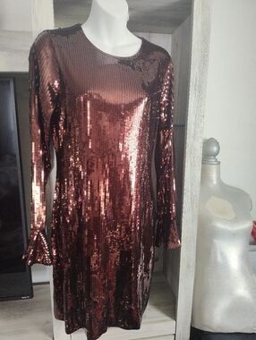 MICHAEL Michael Kors Copper Sequin Long Sleeve Shift Dress SZ M New With Tags